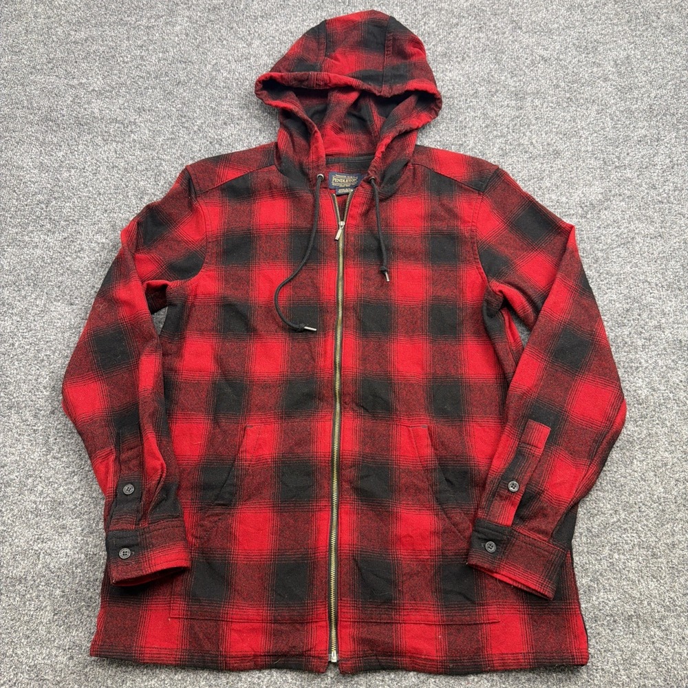 Pendleton Jacket Womens Small Red Black Buffalo Plaid Hooded Zip Flannel